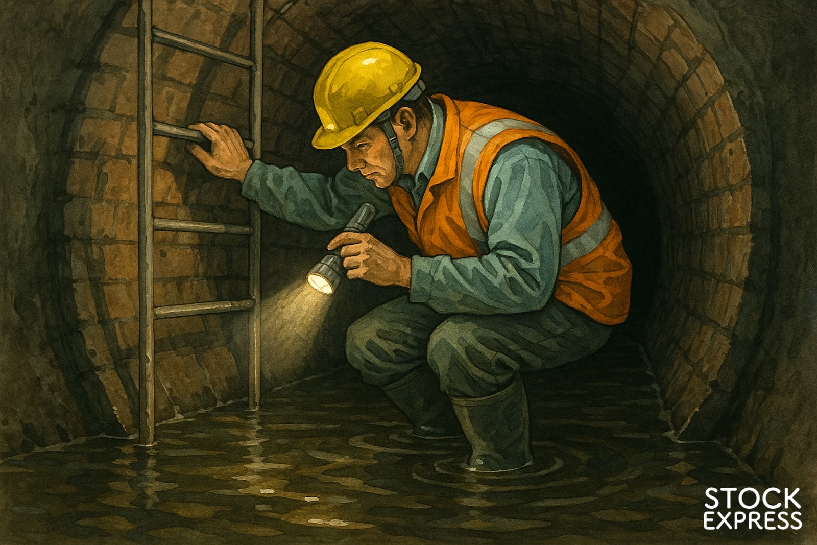 下水道点検を作業員が行なっている様子