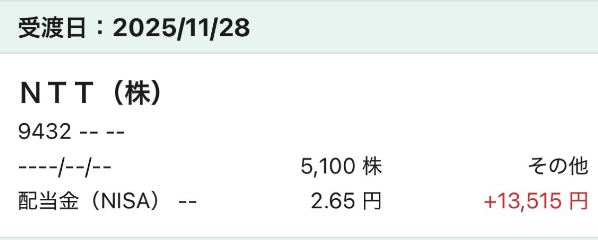 NTTからの中間配当（2025年11月28日）STOCK EXPRESS SHUN