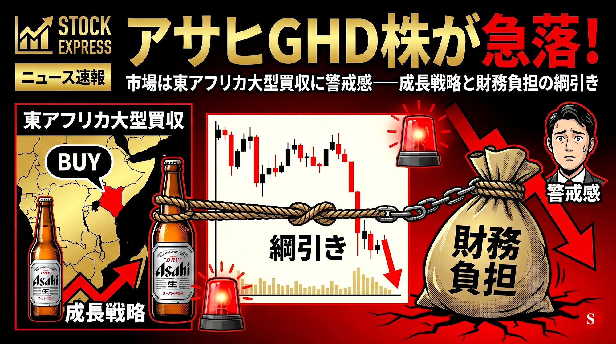 アサヒGHD株が急落！市場は東アフリカ大型買収に警戒感――成長戦略と財務負担の綱引き
