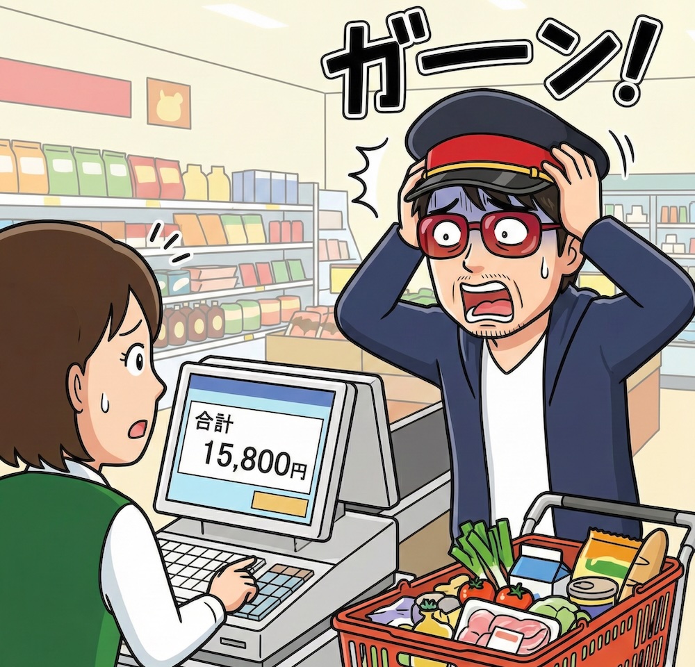スーパーのレジで会計士、金額が想定以上に高かったので、驚いている姿。