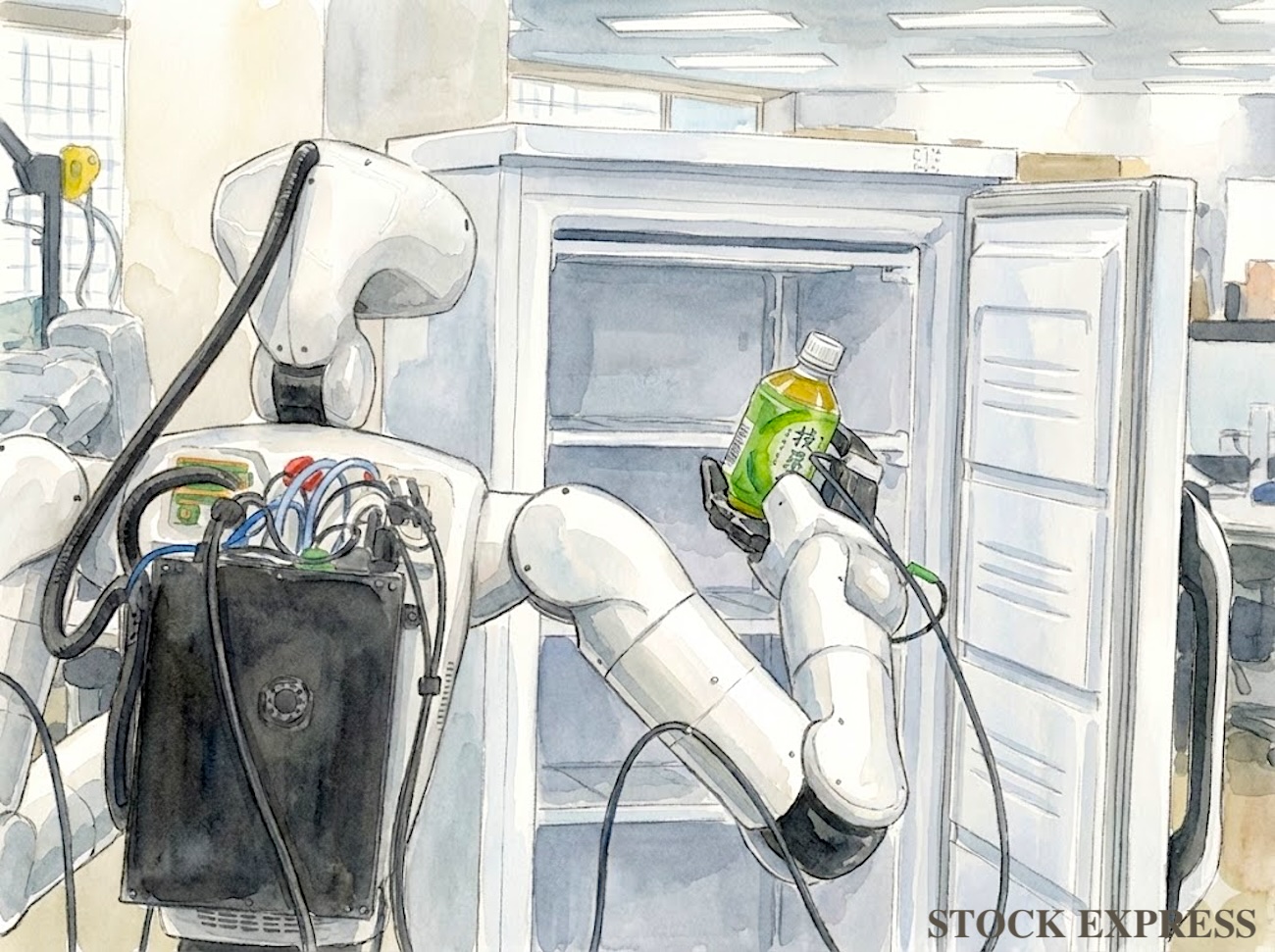 冷蔵庫から飲み物を取るロボット