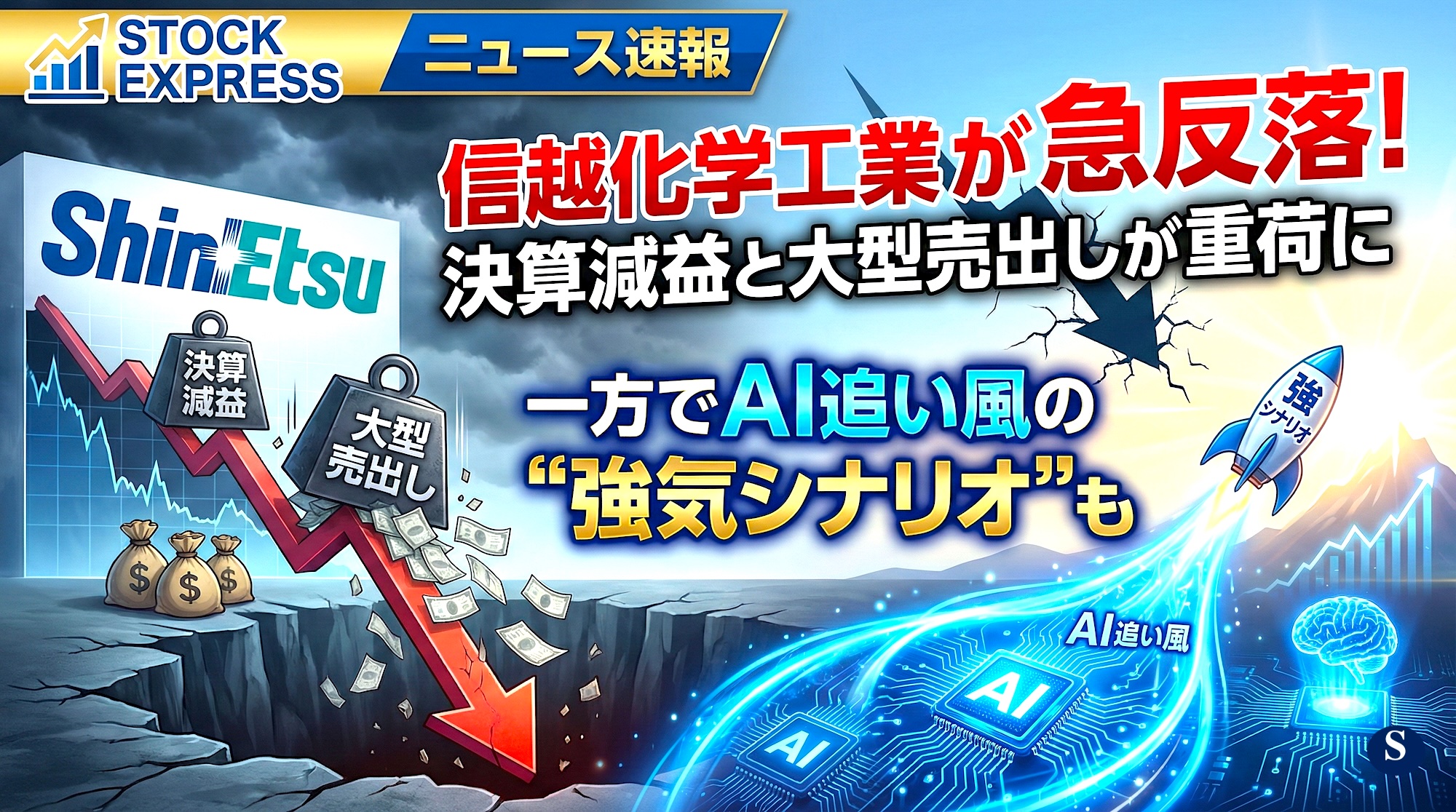 信越化学工業が急反落、決算減益と大型売出しが重荷に――一方でAI追い風の“強気シナリオ”も