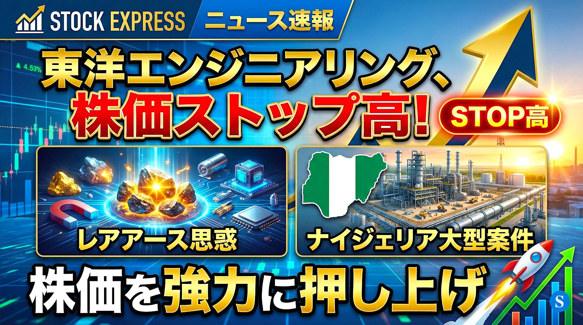 東洋エンジニアリング、株価ストップ高！レアアース思惑とナイジェリア大型案件が株価を強力に押し上げ