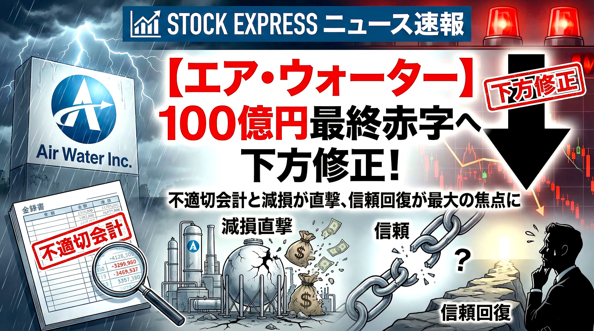 エア・ウォーター、100億円最終赤字へ下方修正　不適切会計と減損が直撃、信頼回復が最大の焦点に