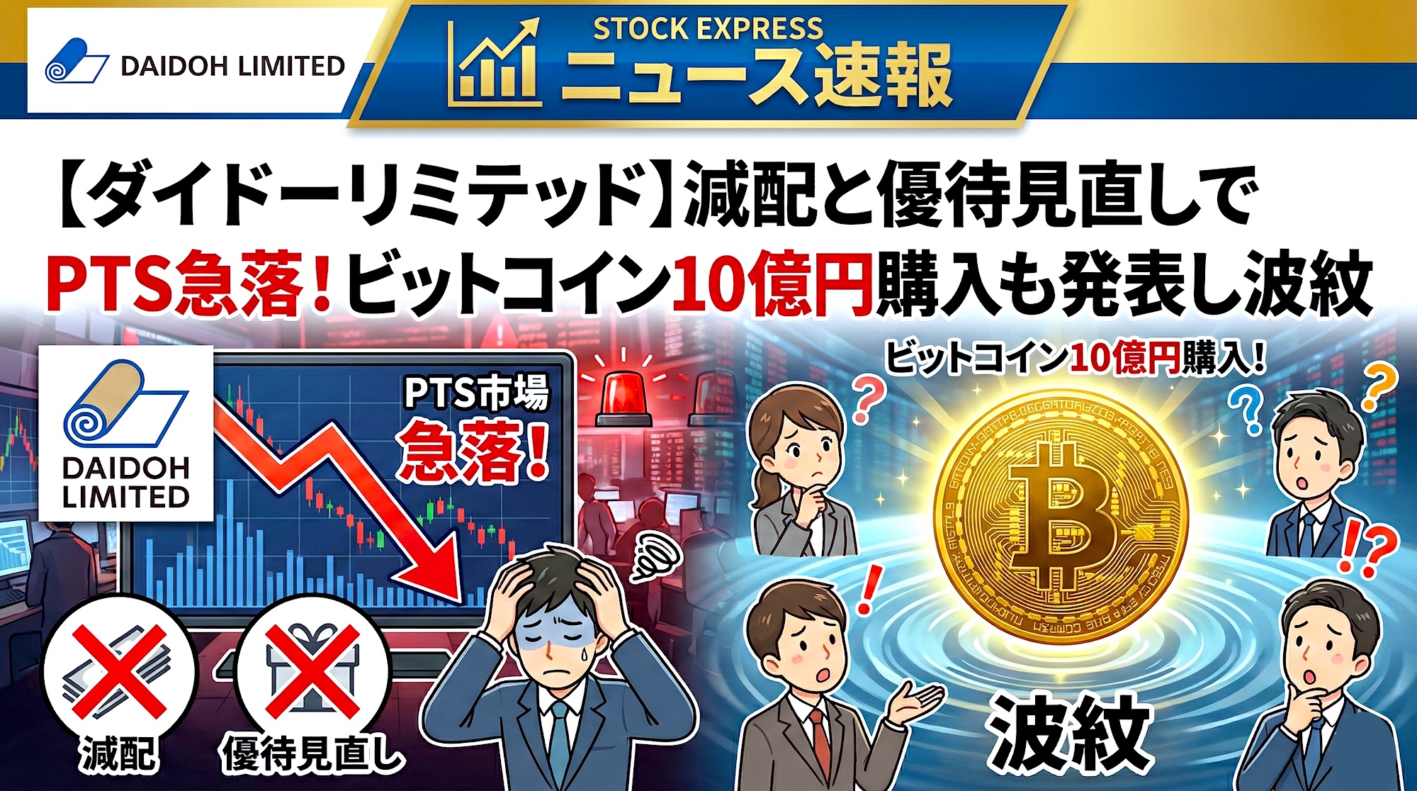 ダイドーリミテッド、減配と優待見直しでPTS急落！ビットコイン10億円購入も発表し波紋