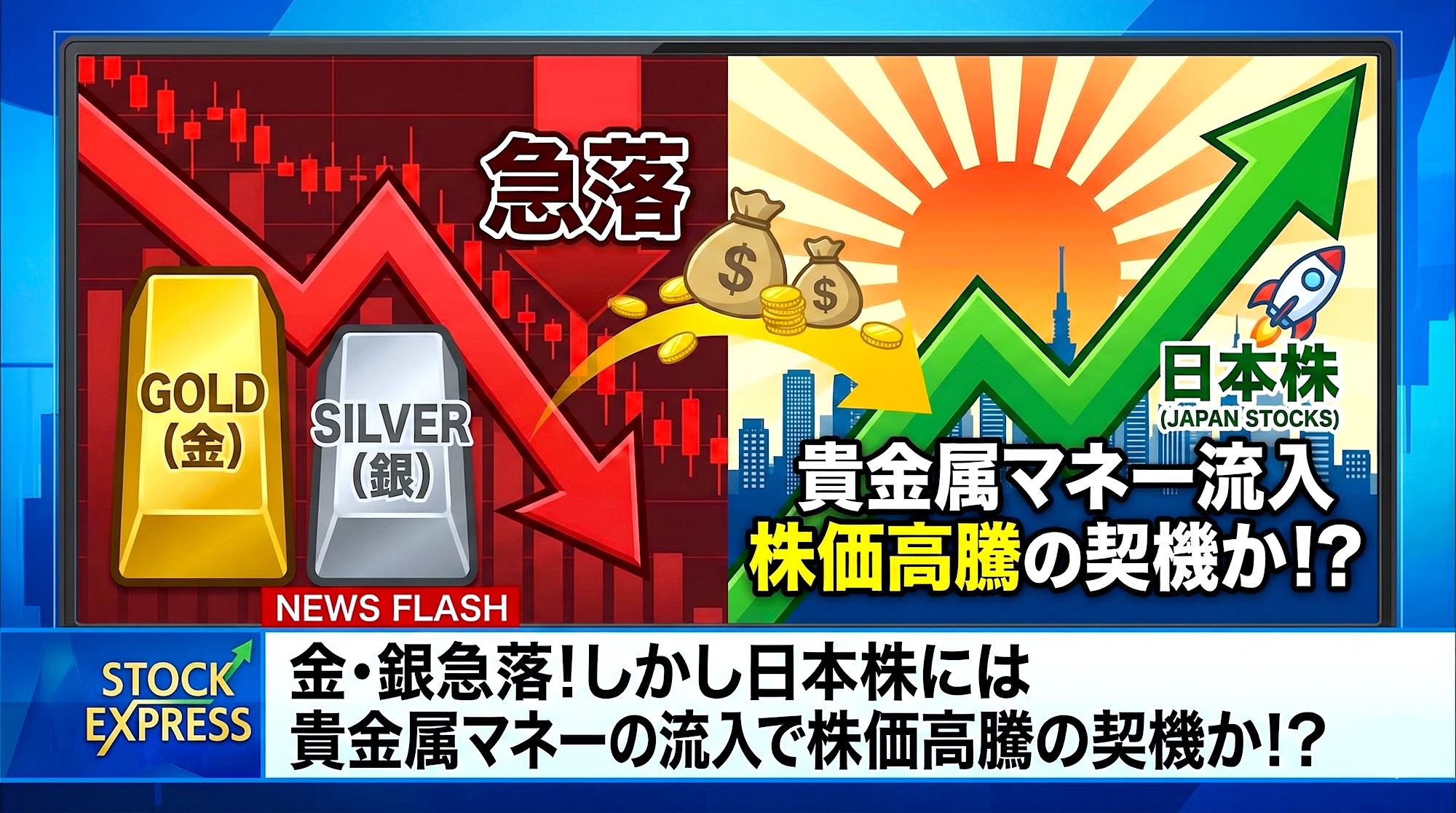 金・銀急落！しかし日本株には貴金属マネーの流入で株価高騰の契機か！？