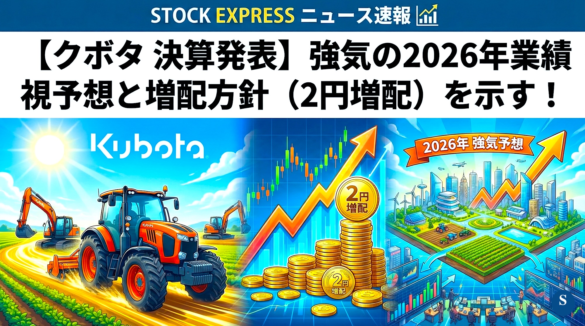 【クボタ 決算 発表】強気の2026年業績予想と増配方針（2円増配）を示す！