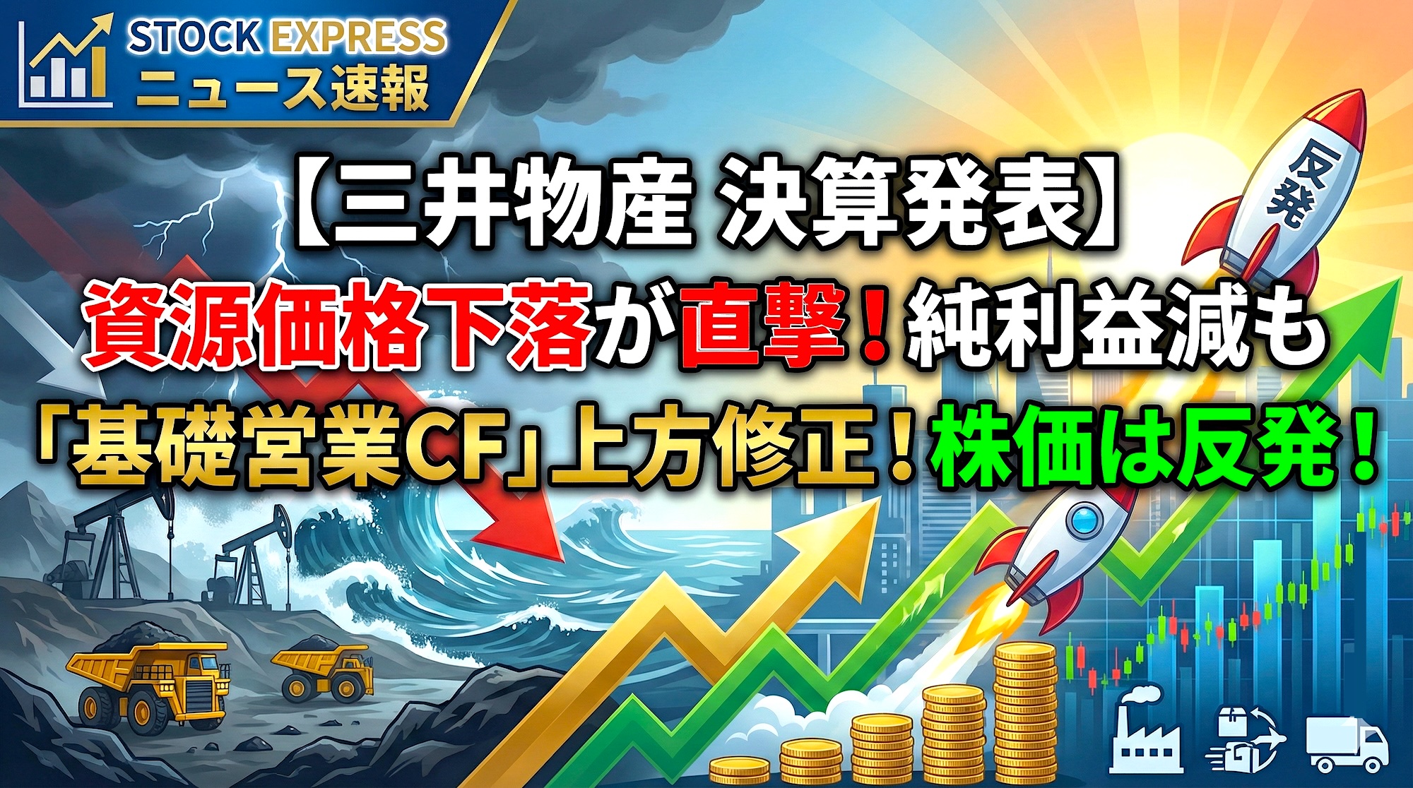 【三井物産 決算発表】資源価格下落が直撃！純利益減も「基礎営業CF」上方修正！株価は反発