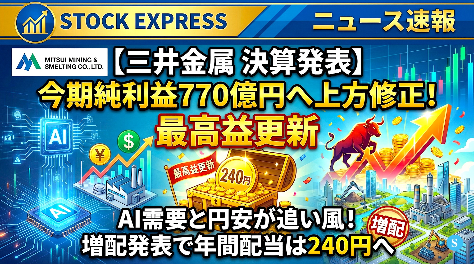 【三井金属 決算発表】今期純利益770億円へ上方修正！最高益更新、AI需要と円安が追い風！増配発表で年間配当は240円へ