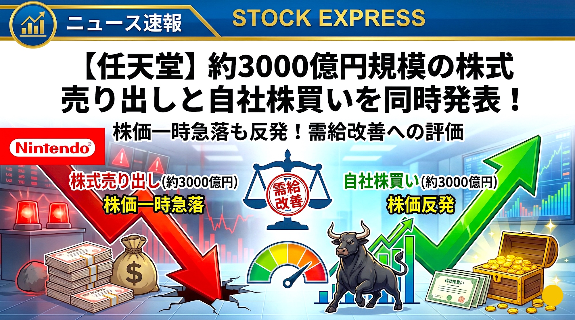 任天堂、約3000億円規模の株式売り出しと自社株買いを同時発表！株価一時急落も反発！需給改善への評価