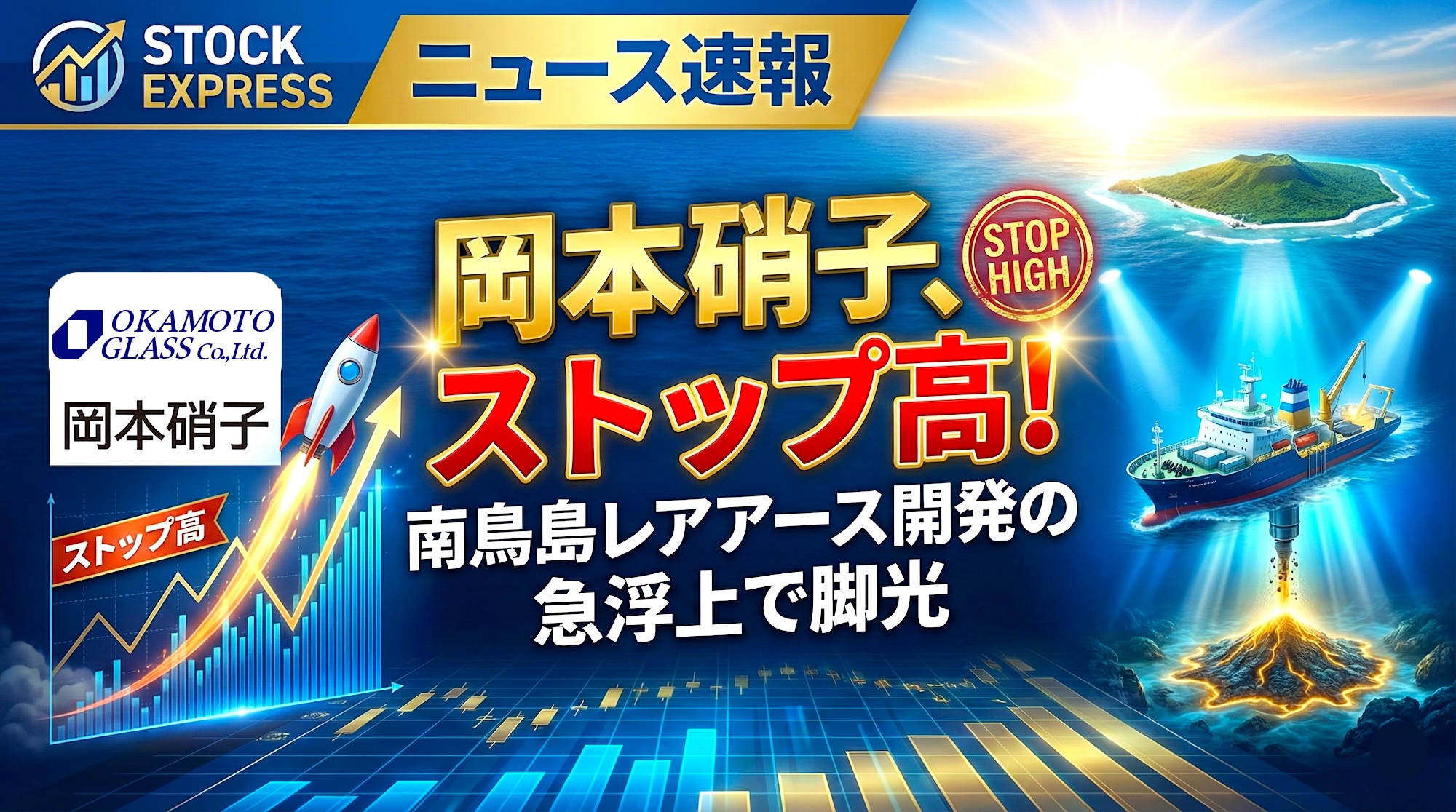 岡本硝子、ストップ高！南鳥島レアアース開発の急浮上で脚光