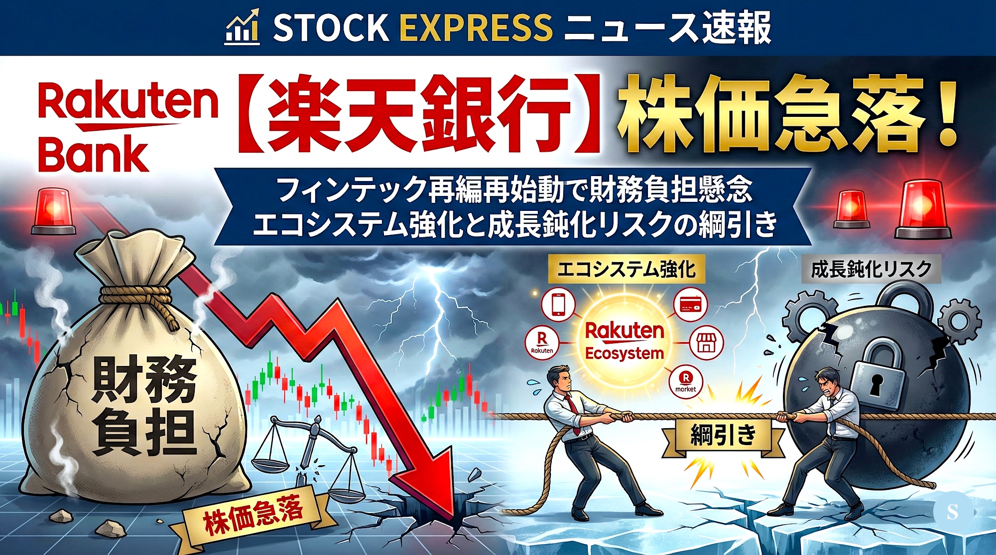 楽天銀行、株価急落！フィンテック再編再始動で財務負担懸念　エコシステム強化と成長鈍化リスクの綱引き