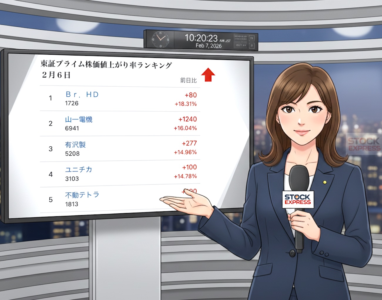 東証プライム市場の株価値上がり率ランキング(2026年2月6日)