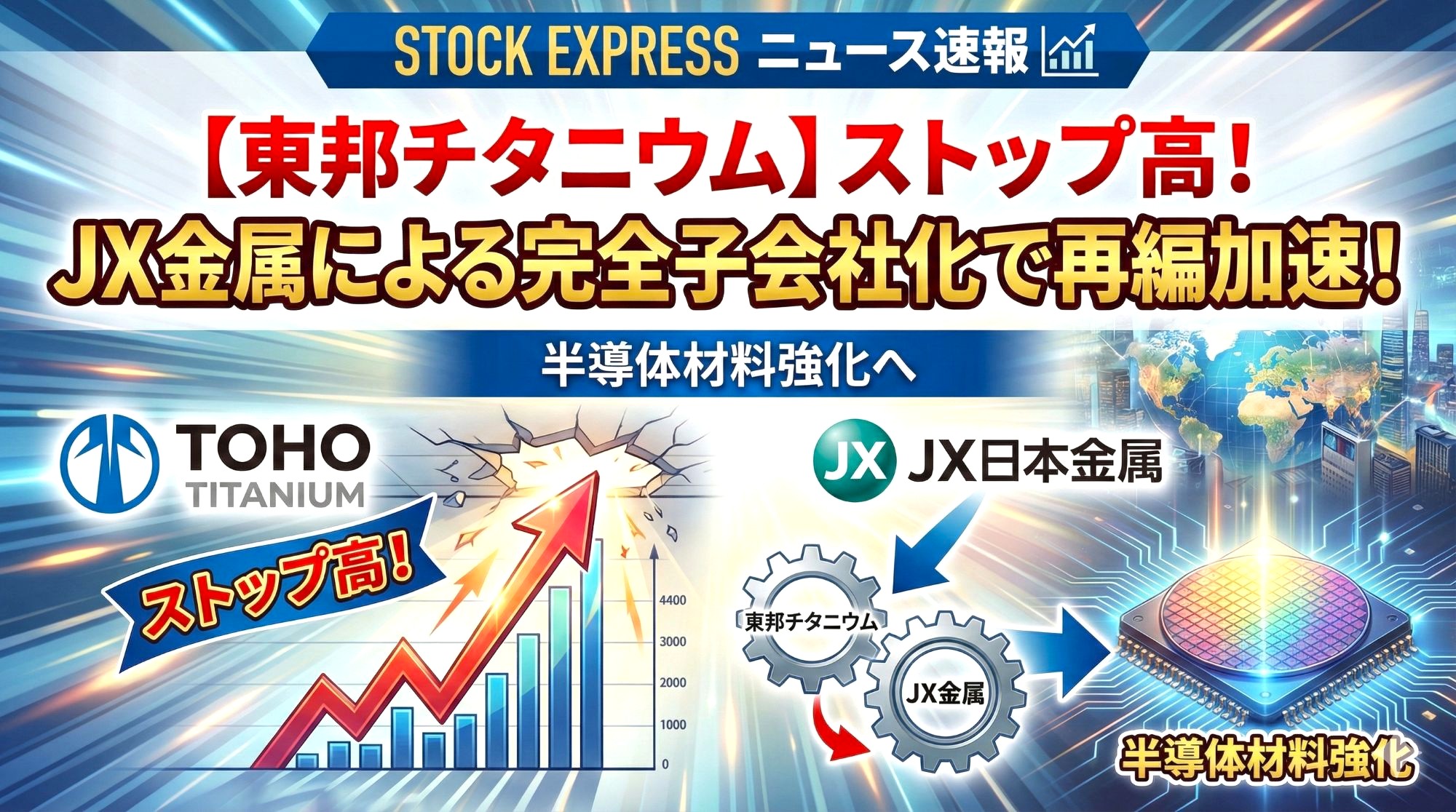東邦チタニウムがストップ高！JX金属による完全子会社化で再編加速　半導体材料強化へ