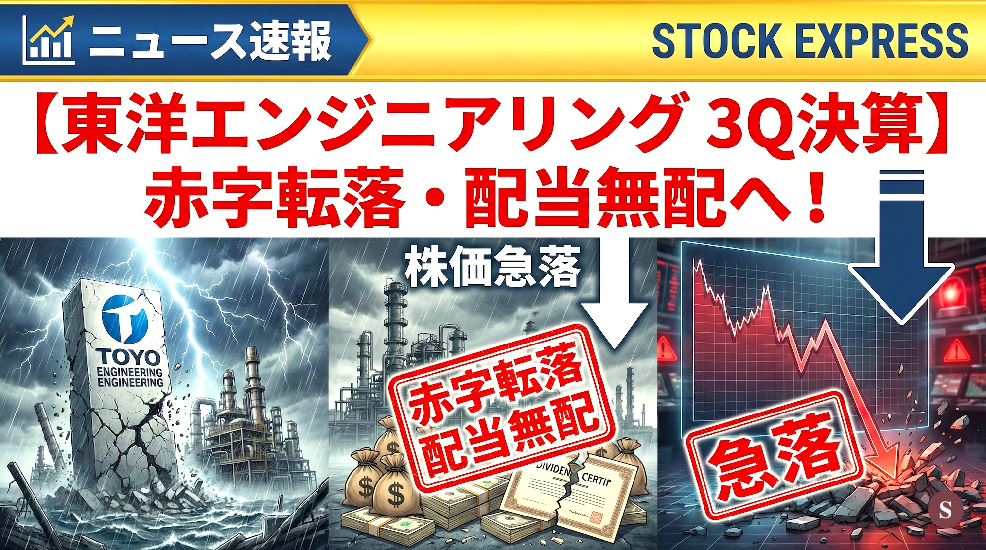 東洋エンジニアリング、3Q決算で赤字転落・配当無配へ！株価急落