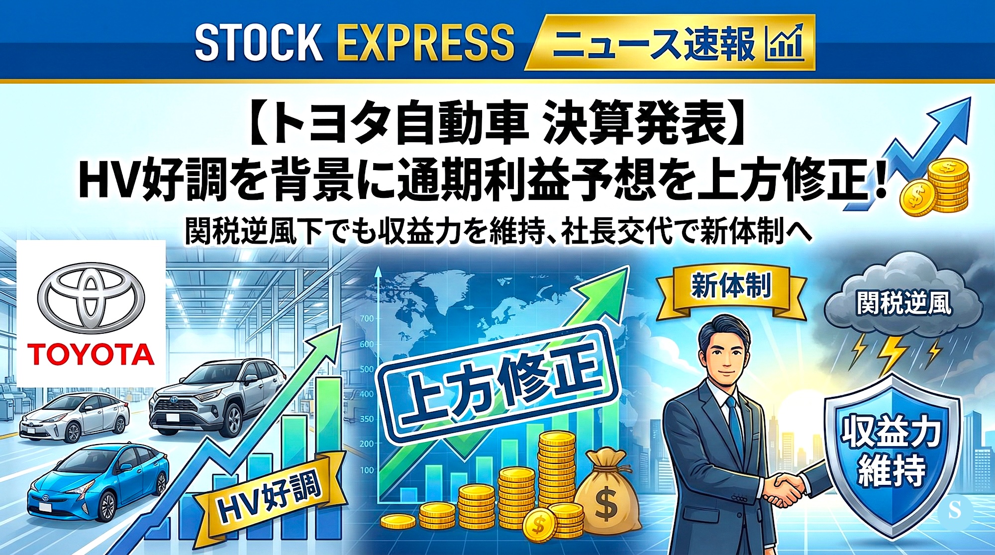【トヨタ自動車 決算発表】HV好調を背景に通期利益予想を上方修正！関税逆風下でも収益力を維持、社長交代で新体制へ