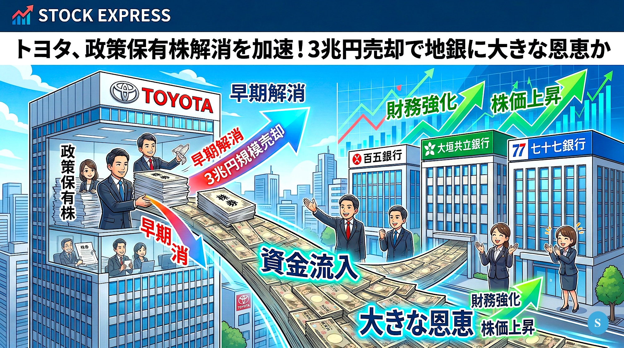 トヨタ、政策保有株3兆円規模の早期解消へ！百五銀行・大垣共立銀行・七十七銀行らに大きな恩恵か