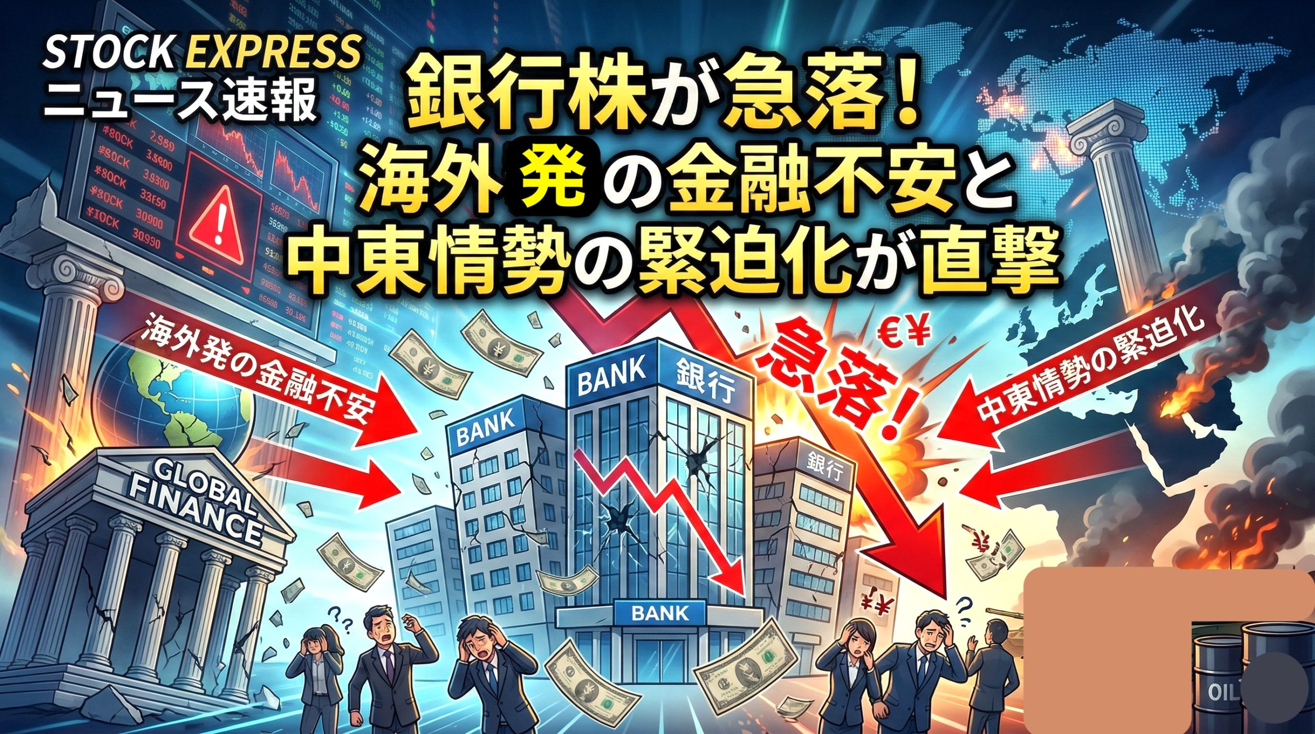 銀行株が急落！海外発の金融不安と中東情勢の緊迫化が直撃