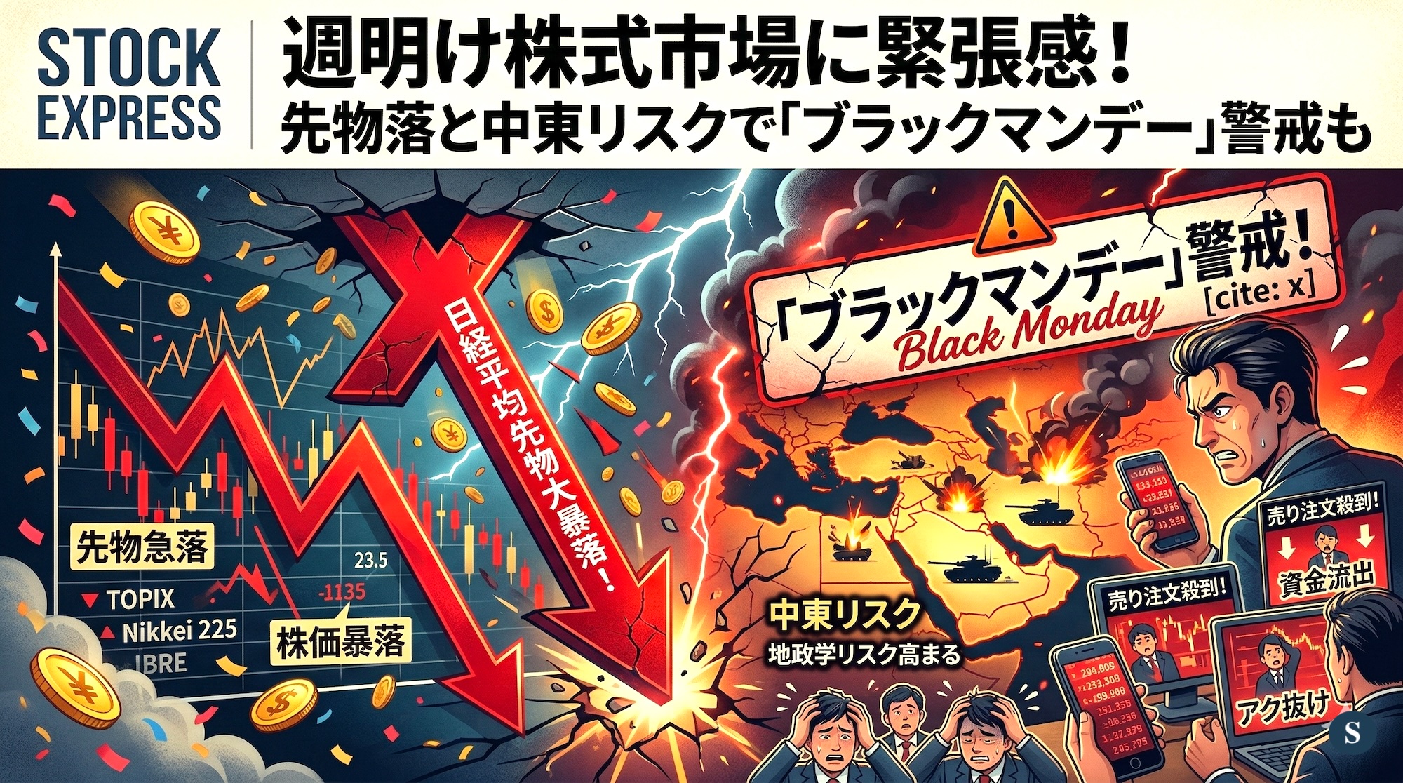週明け株式市場に緊張感！先物急落と中東リスクで「ブラックマンデー」警戒も