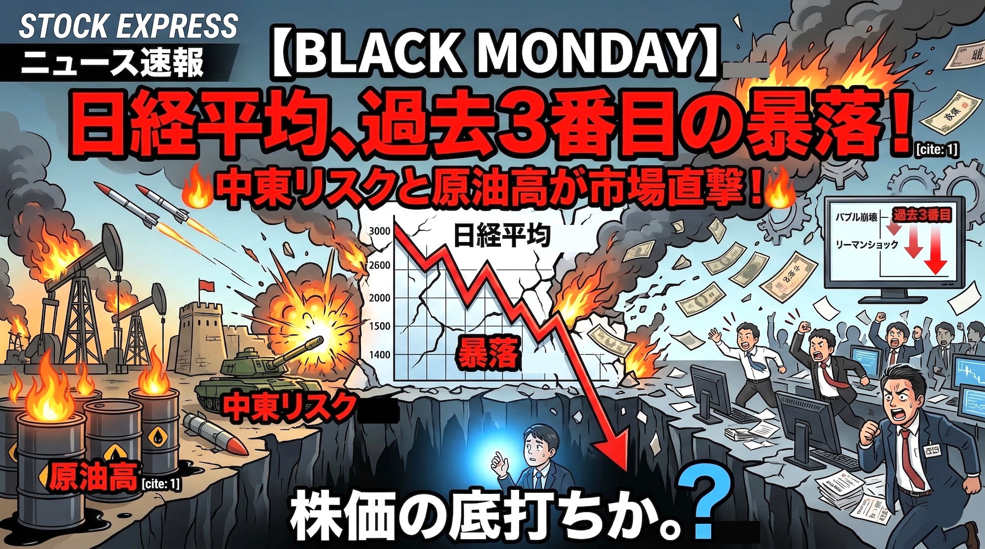 【BLACK MONDAY 再来】日経平均、過去3番目の暴落！中東リスクと原油高が市場直撃！株価の底打ちか。