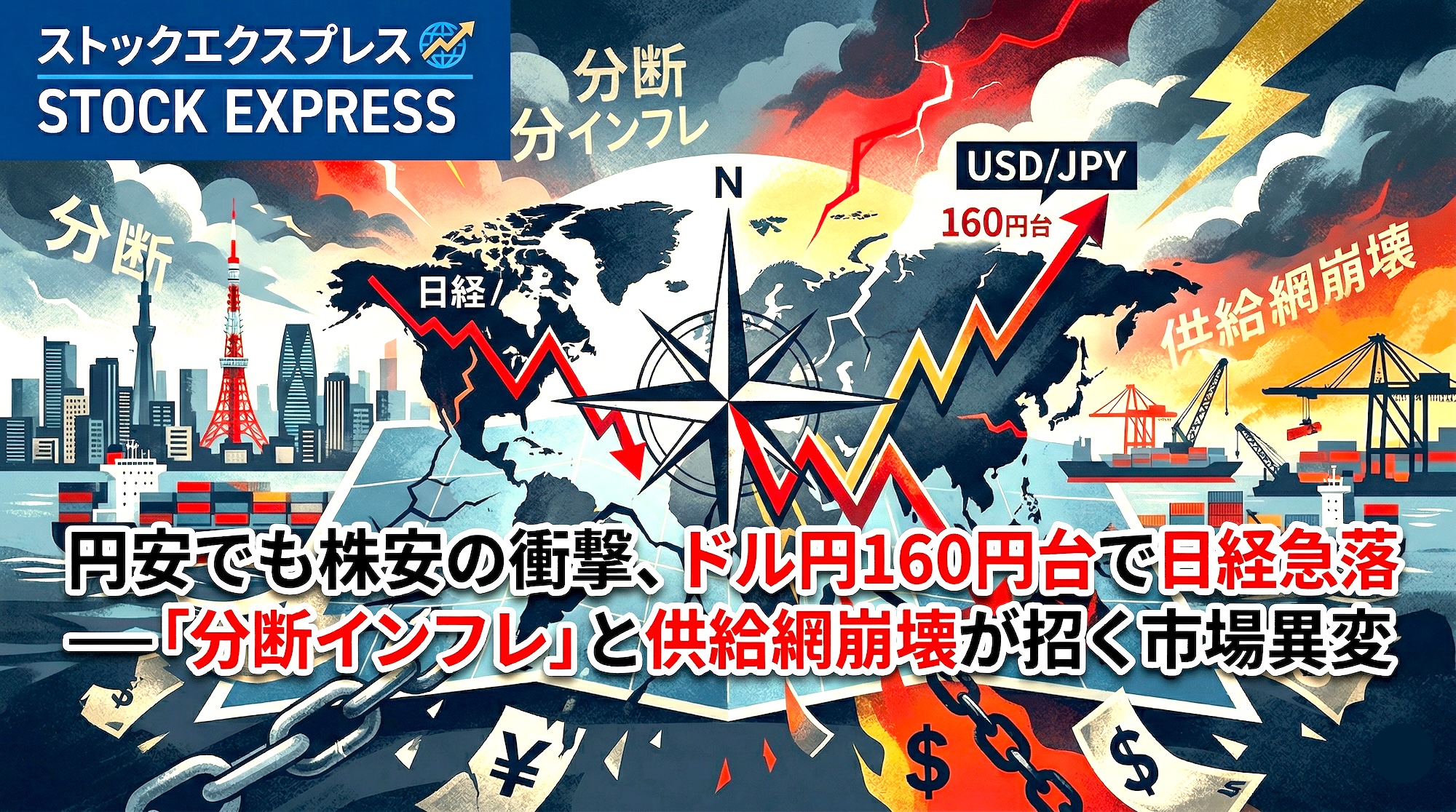 円安でも株安の衝撃、ドル円160円台で日経急落 ――「分断インフレ」と供給網崩壊が招く市場異変