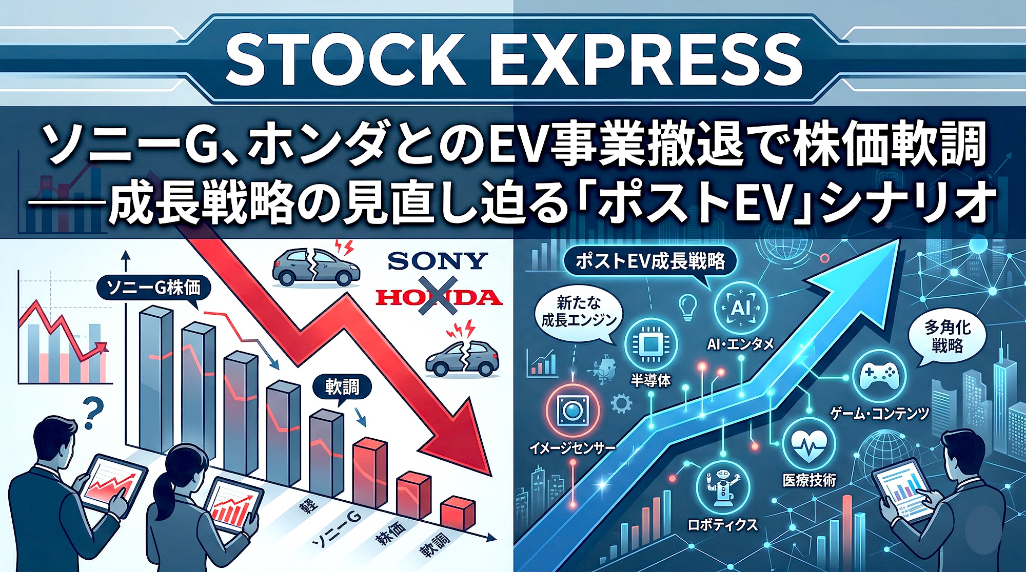 ソニーG、ホンダとのEV事業撤退で株価軟調 ――成長戦略の見直し迫る「ポストEV」シナリオ