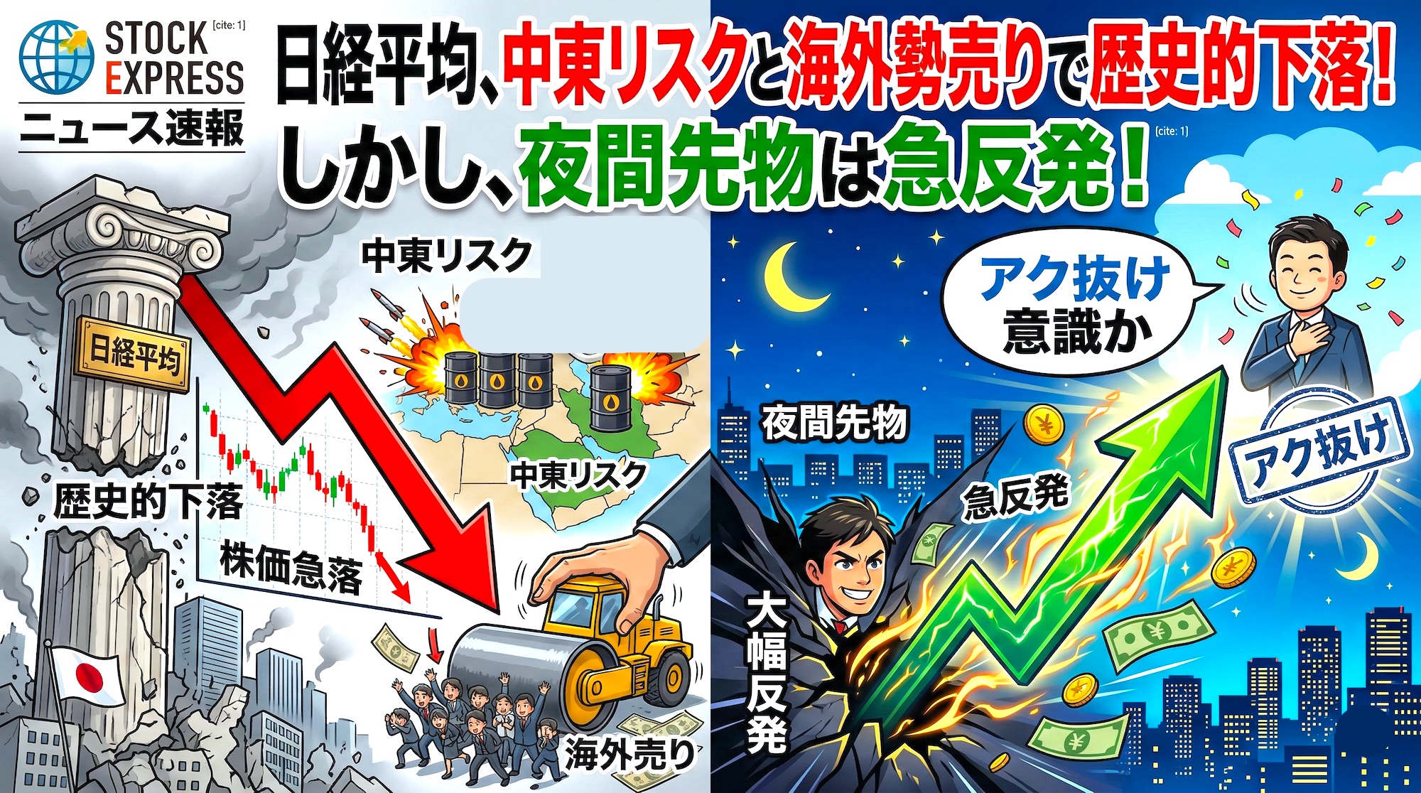 日経平均、中東リスクと海外勢売りで歴史的下落！しかし、夜間先物は急反発！アク抜け意識か
