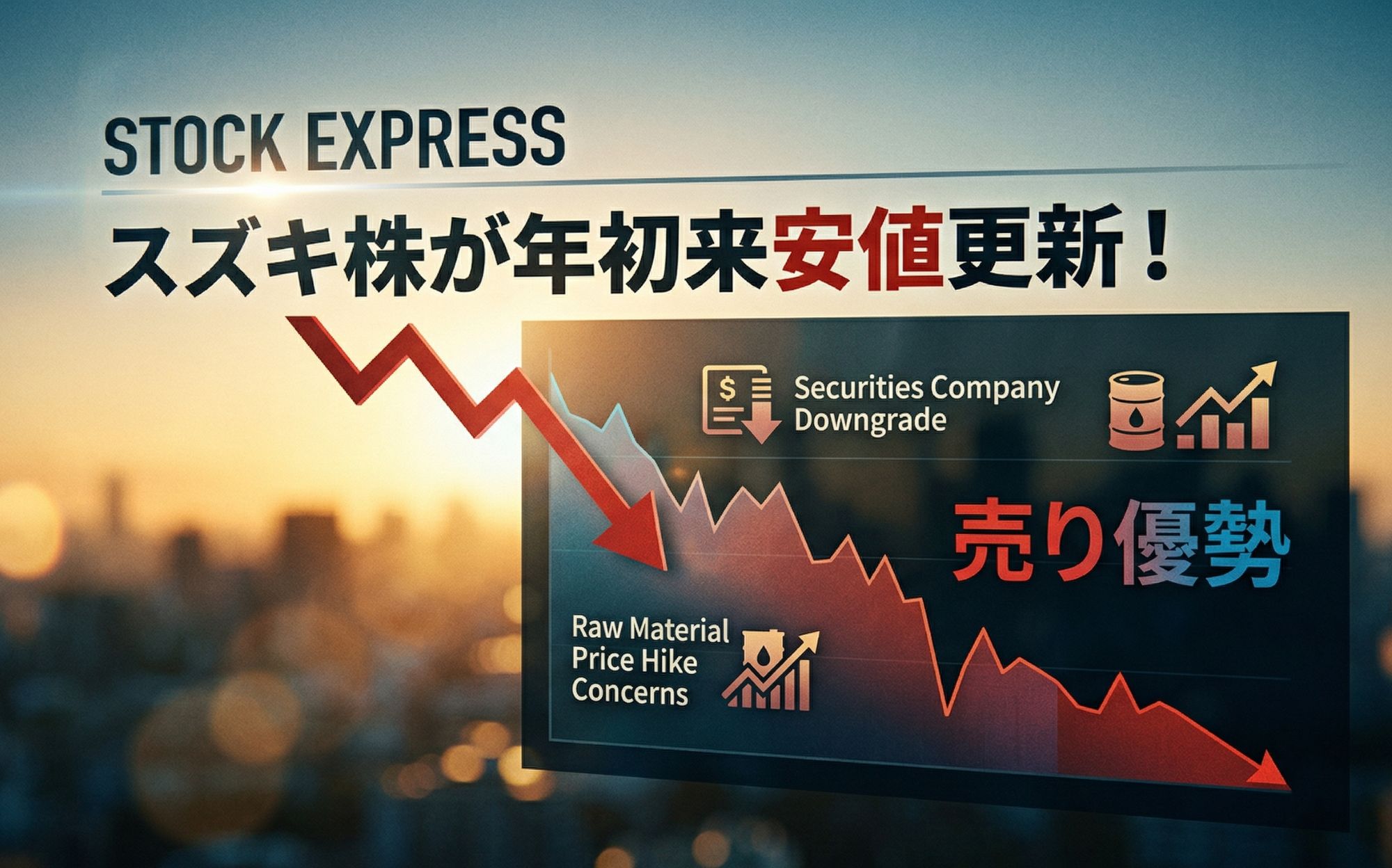 スズキ株が年初来安値更新！証券会社の格下げと原材料高懸念で売り優勢